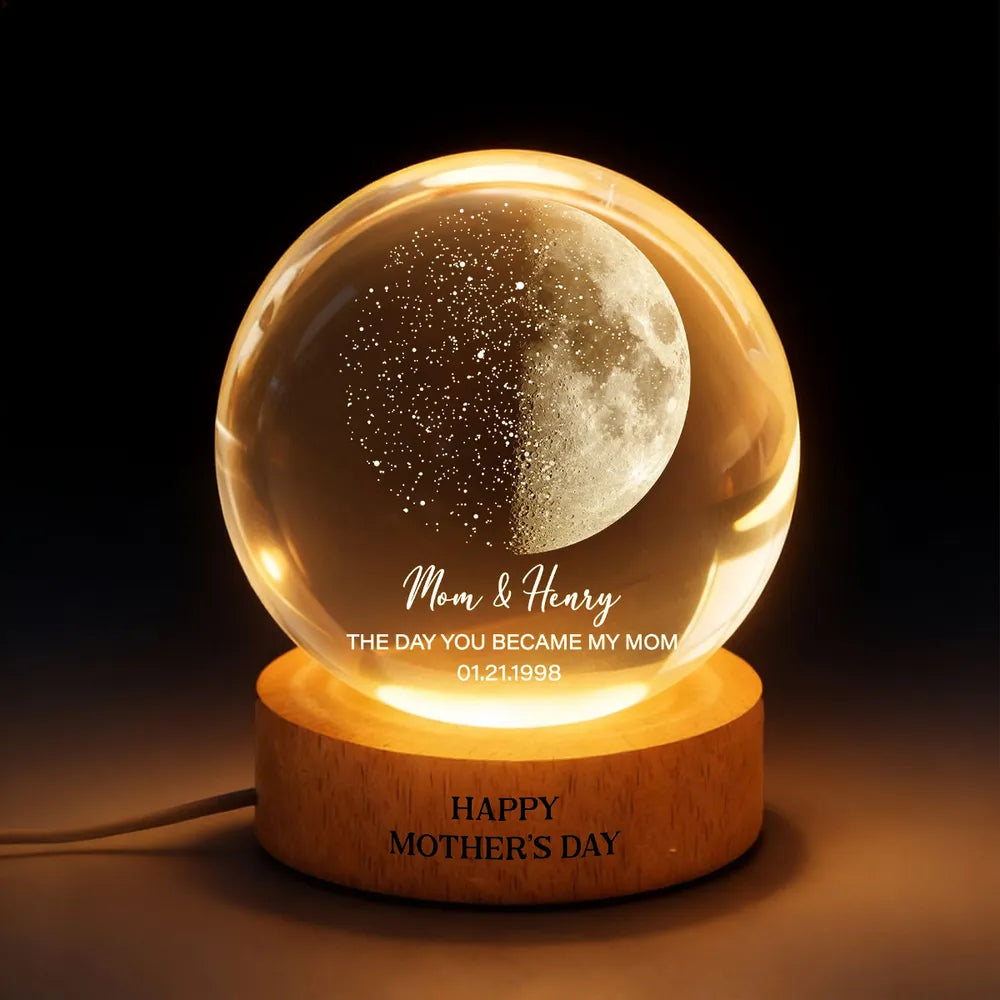 Custom Moon Phase & Star Map by Date Engraved Wooden Base - Personalized Crystal Ball LED Night Light - Heartfelt Gift for Mom
