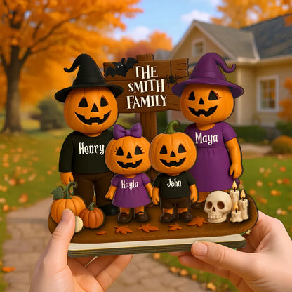 Jack O' Lantern Family 3D Effect Personalized Standing Wooden Plaque, Halloween Decor