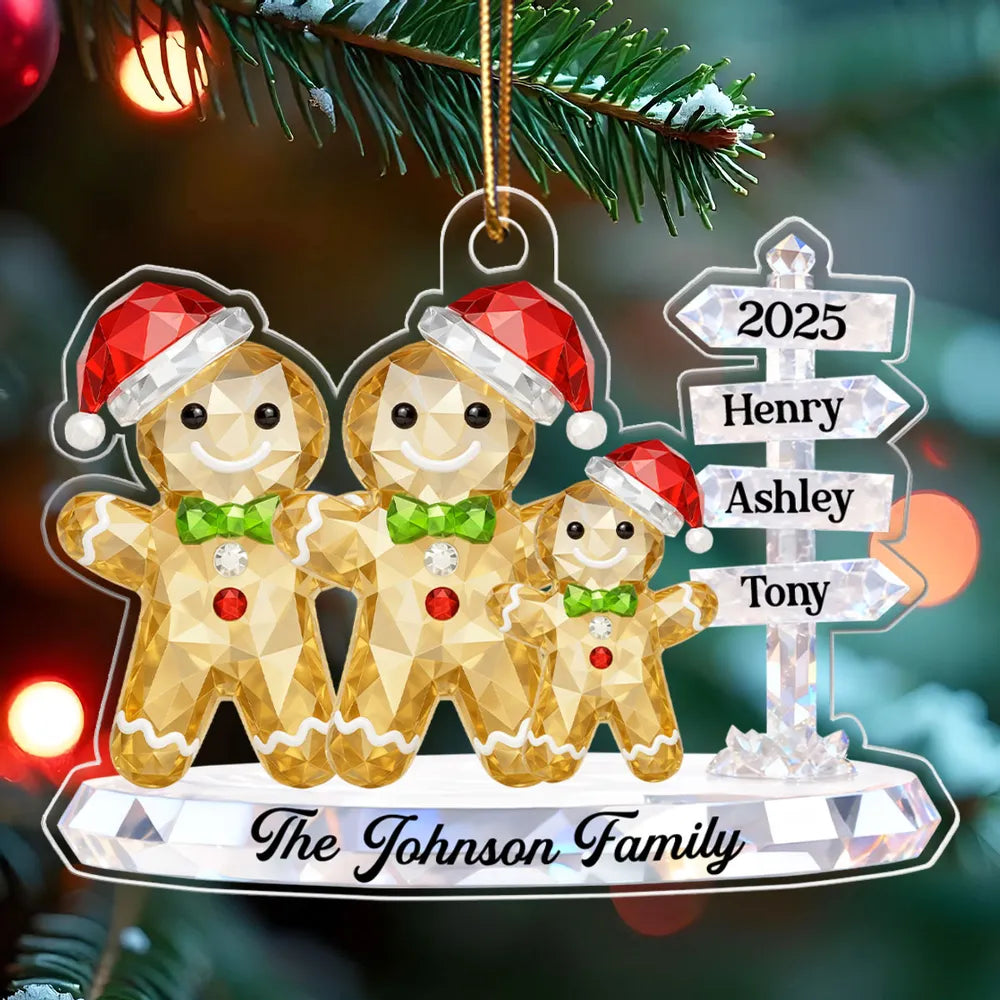 Gingerbread Family 3D Crystal Effect Custom Name Sign Post - Personalized Acrylic Ornament - Christmas Gift for Family