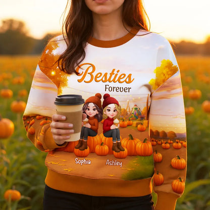 Fall Season Besties Sitting On Pumpkins Personalized 3D Sweatshirt