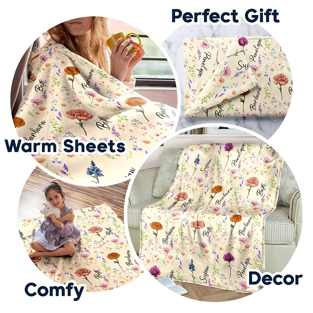 Birth Flower Custom Name Bestie - Personalized Fleece Blanket
