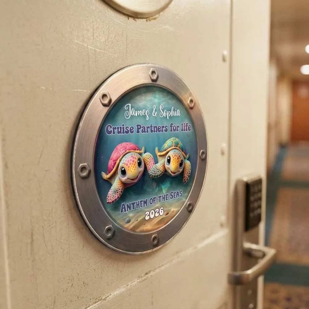 Happy Sailing Turtle Couple 2D Flat - Personalized Cruise Ship Door Magnet - Cruise Trip Decoration