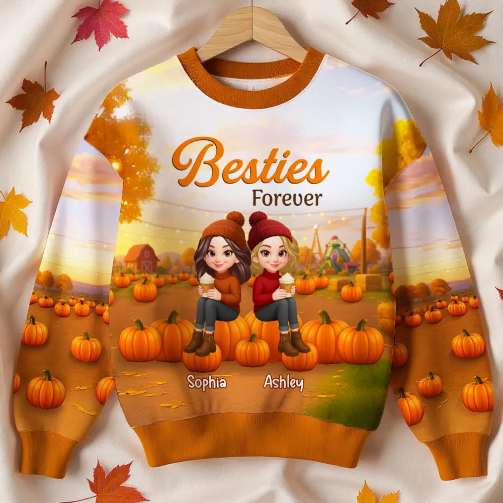 Fall Season Besties Sitting On Pumpkins Personalized 3D Sweatshirt