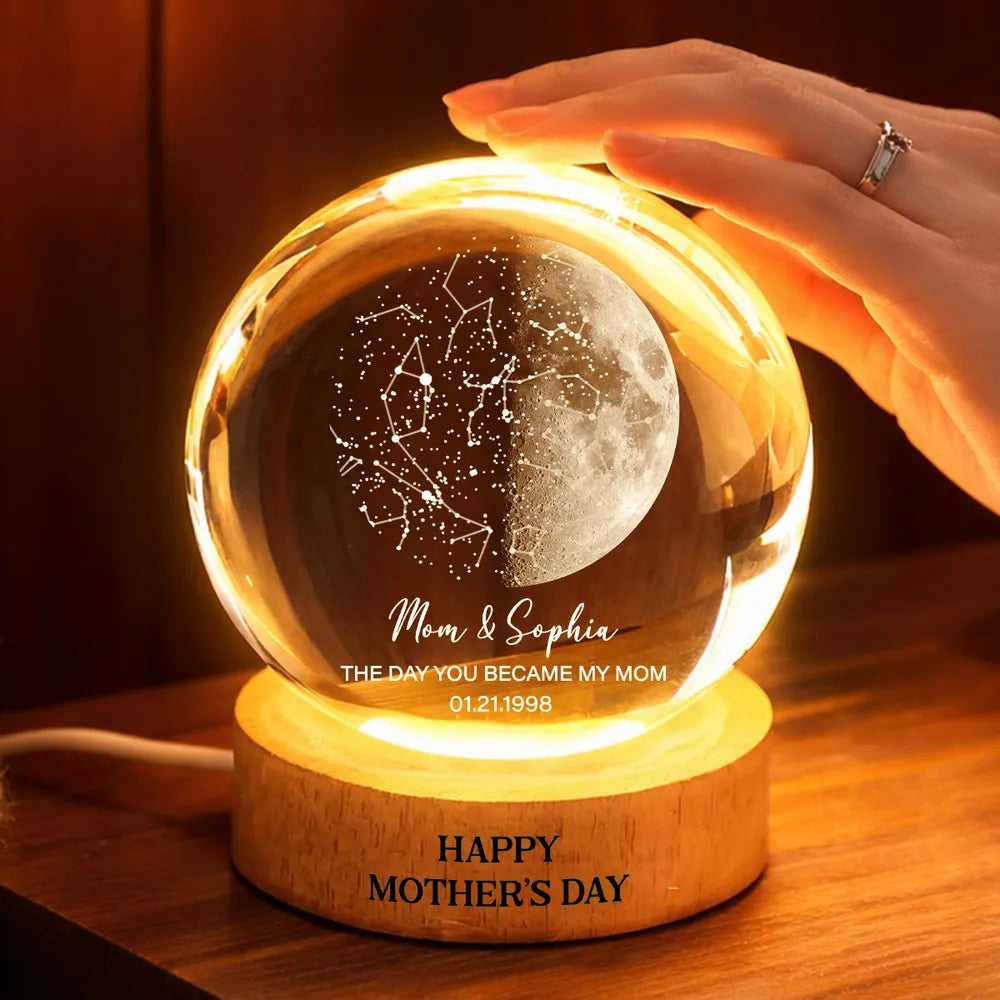 Custom Moon Phase & Star Map by Date Engraved Wooden Base - Personalized Crystal Ball LED Night Light - Heartfelt Gift for Mom