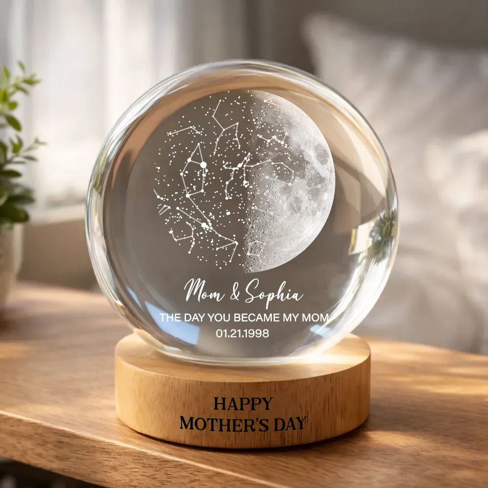 Custom Moon Phase & Star Map by Date Engraved Wooden Base - Personalized Crystal Ball LED Night Light - Heartfelt Gift for Mom