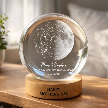 Custom Moon Phase & Star Map by Date Engraved Wooden Base - Personalized Crystal Ball LED Night Light - Heartfelt Gift for Mom