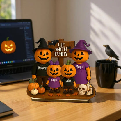 Jack O' Lantern Family 3D Effect Personalized Standing Wooden Plaque, Halloween Decor