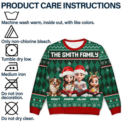 Christmas Family With Kids & Pets Argyle Pattern - Personalized Unisex Ugly Sweater