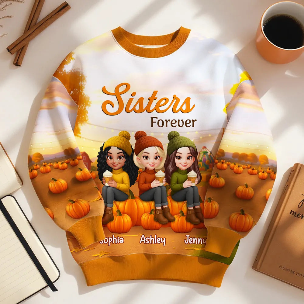 Fall Season Besties Sitting On Pumpkins Personalized 3D Sweatshirt