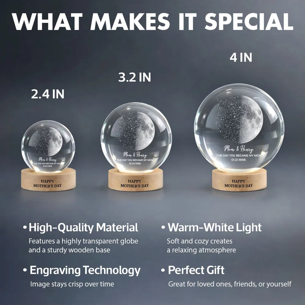 Custom Moon Phase & Star Map by Date Engraved Wooden Base - Personalized Crystal Ball LED Night Light - Heartfelt Gift for Mom