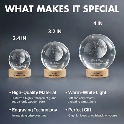 Custom Moon Phase & Star Map by Date Engraved Wooden Base - Personalized Crystal Ball LED Night Light - Heartfelt Gift for Mom