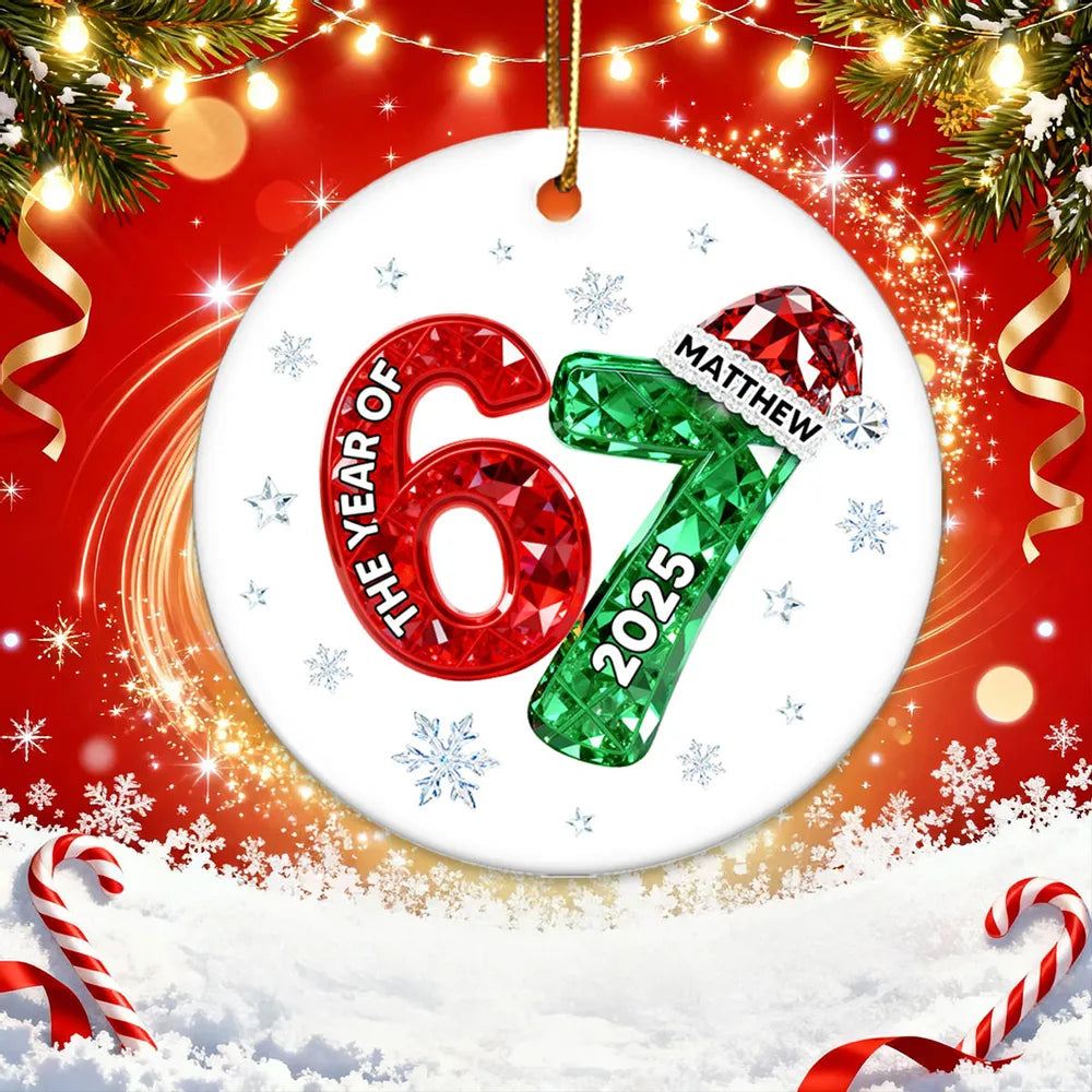 Shining Effect Teen Boy Girl 2025 Trending Slang Christmas 67 Six Seven - Personalized Ceramic Ornament - Funny Christmas Gift For Teen, Grandkid, Gen Alpha