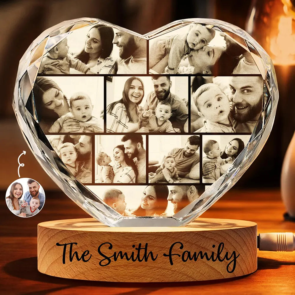 Custom Photo Family Couple Bestie Pet - Personalized Crystal Heart Shaped Lamp