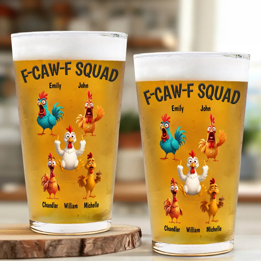 3D Effect Funny Chickens F-CAW-F Squad - Personalized Beer Glass
