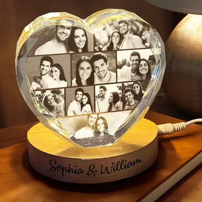Custom Photo Family Couple Bestie Pet - Personalized Crystal Heart Shaped Lamp