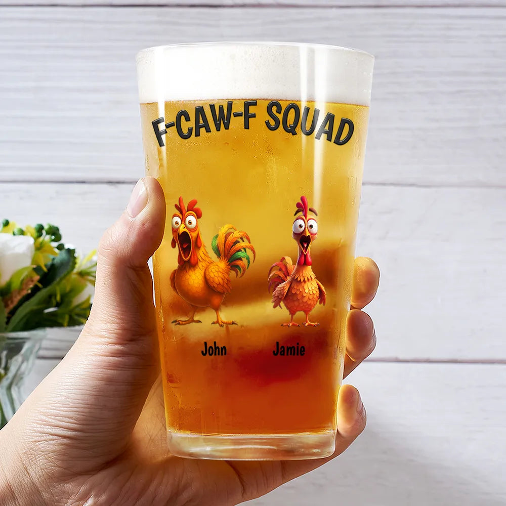 3D Effect Funny Chickens F-CAW-F Squad - Personalized Beer Glass