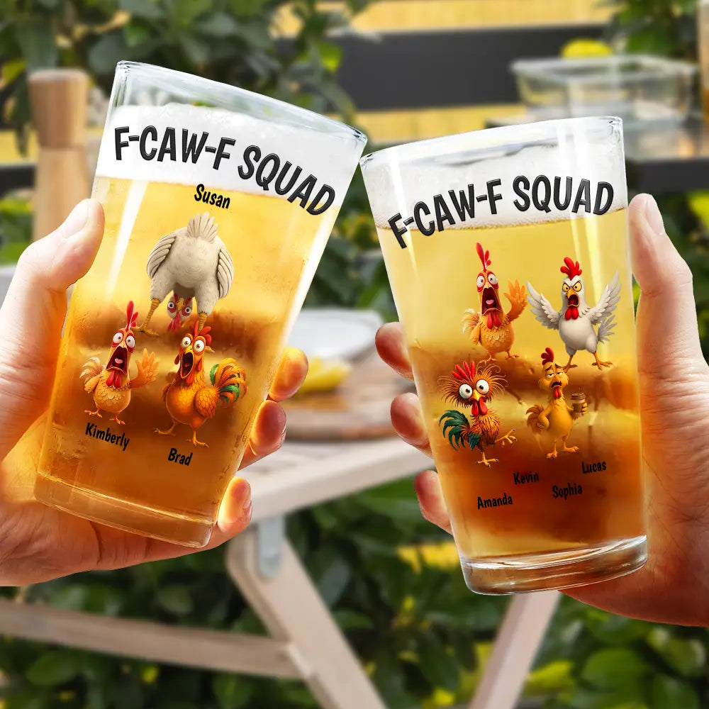 3D Effect Funny Chickens F-CAW-F Squad - Personalized Beer Glass