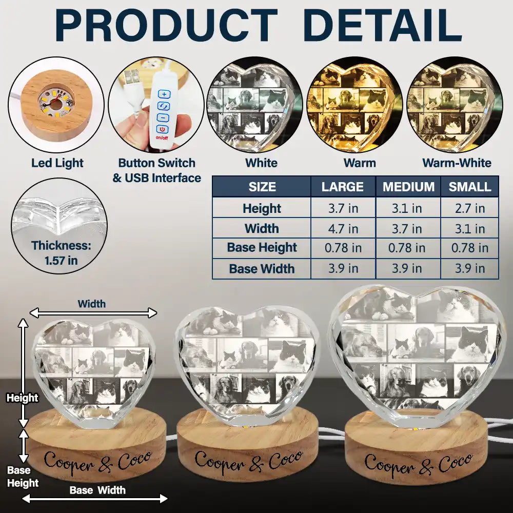 Custom Photo Family Couple Bestie Pet - Personalized Crystal Heart Shaped Lamp