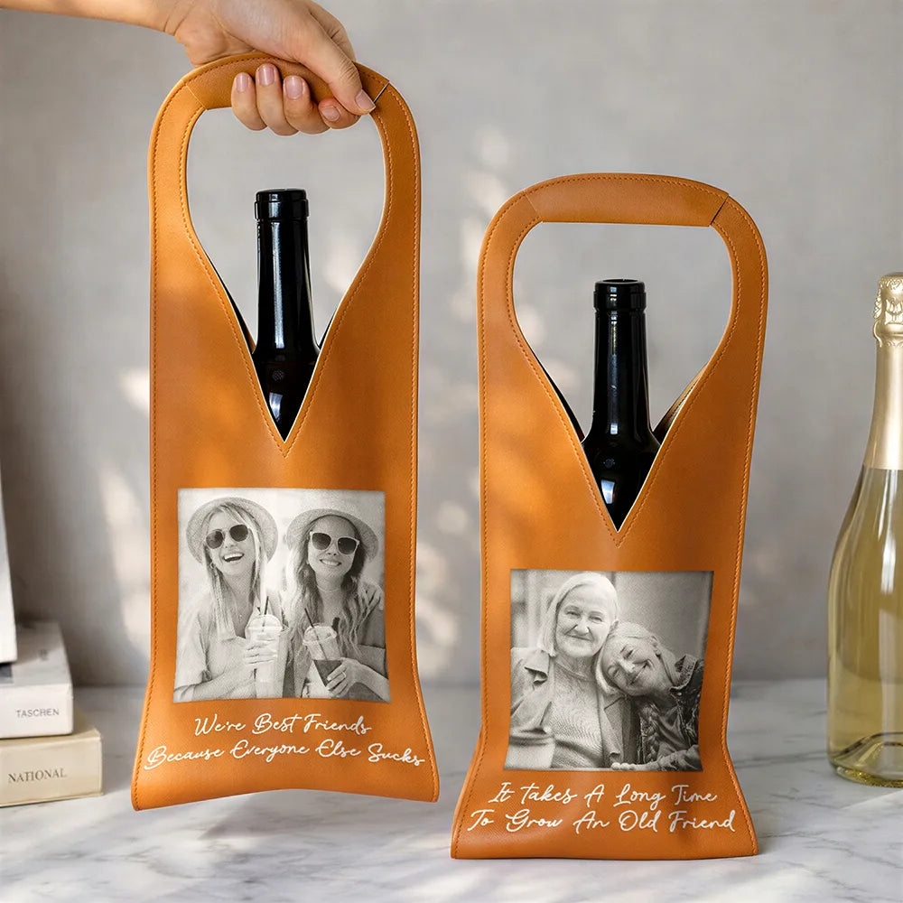 Custom Photo Besties Gray Scale Right In The Throat - Personalized Leather Wine Bag
