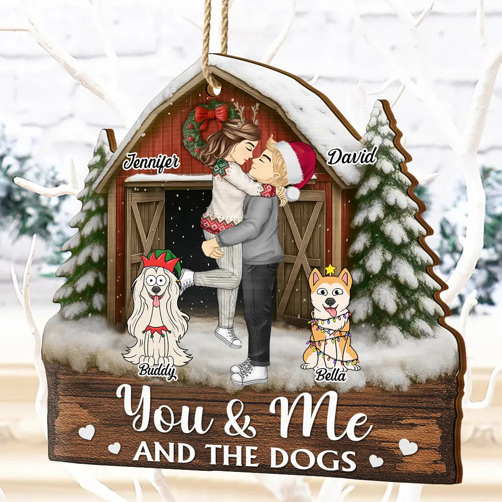 You And Me And The Dogs Pet Couple Red Barn - Personalized Custom Shaped Wooden Ornament