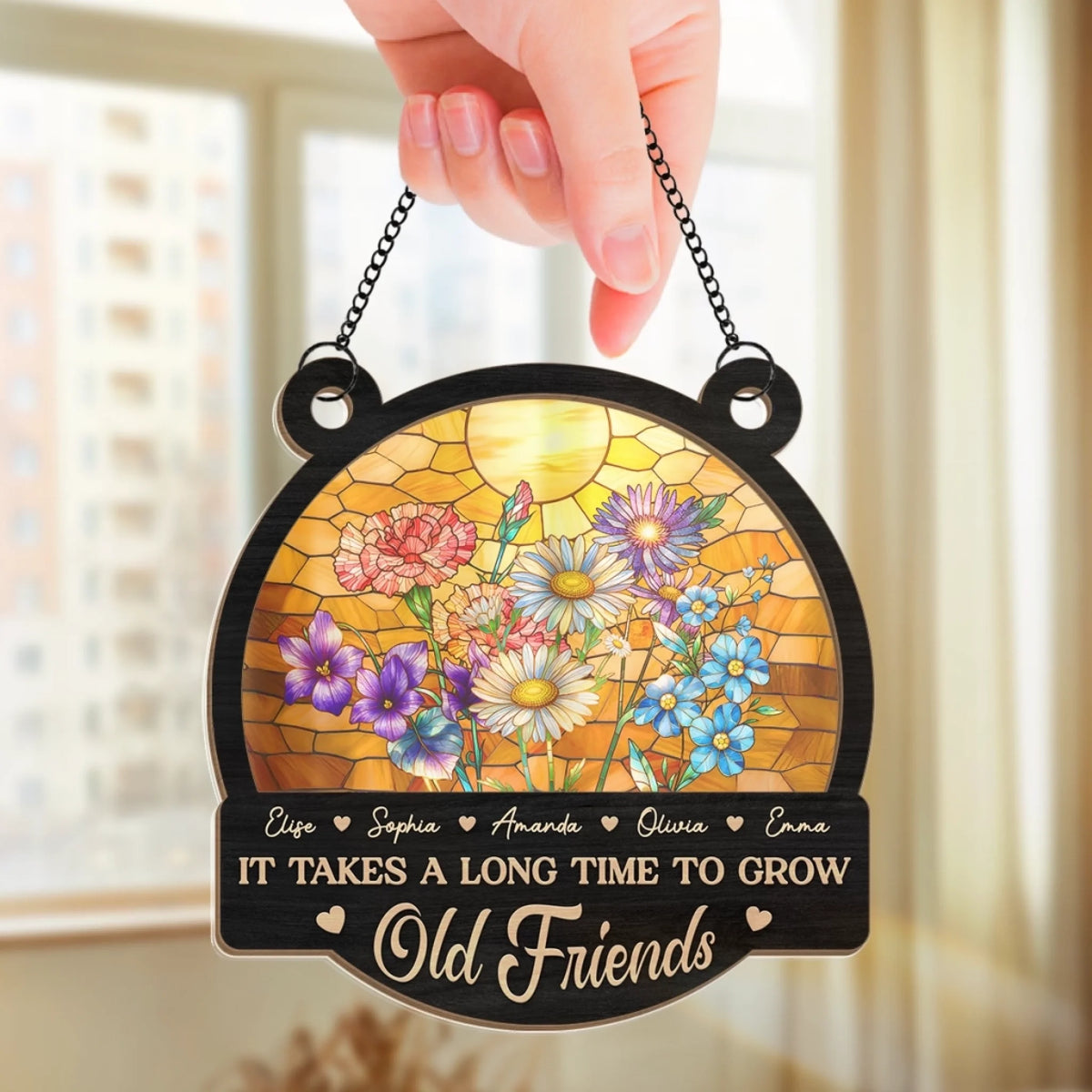 Custom Window Hanging Suncatcher Ornament - Personalized Best Friend Birthday Gifts For Women, Besties, Sisters, BFF - Friends Bloom With Time