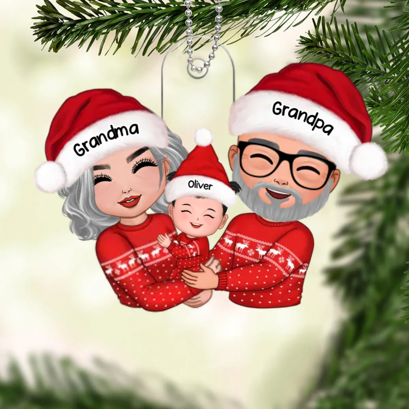 Doll Grandma Grandpa Hugging Kid - Personalized Acrylic Ornament