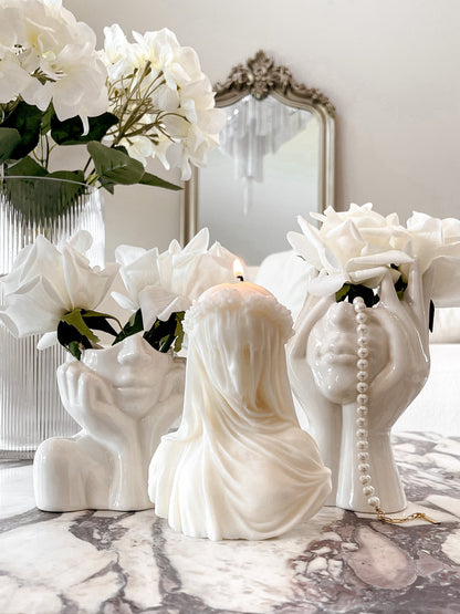 “Her” & Angelica Ceramic Vase Set of 2 decorated with white roses on a marble table.