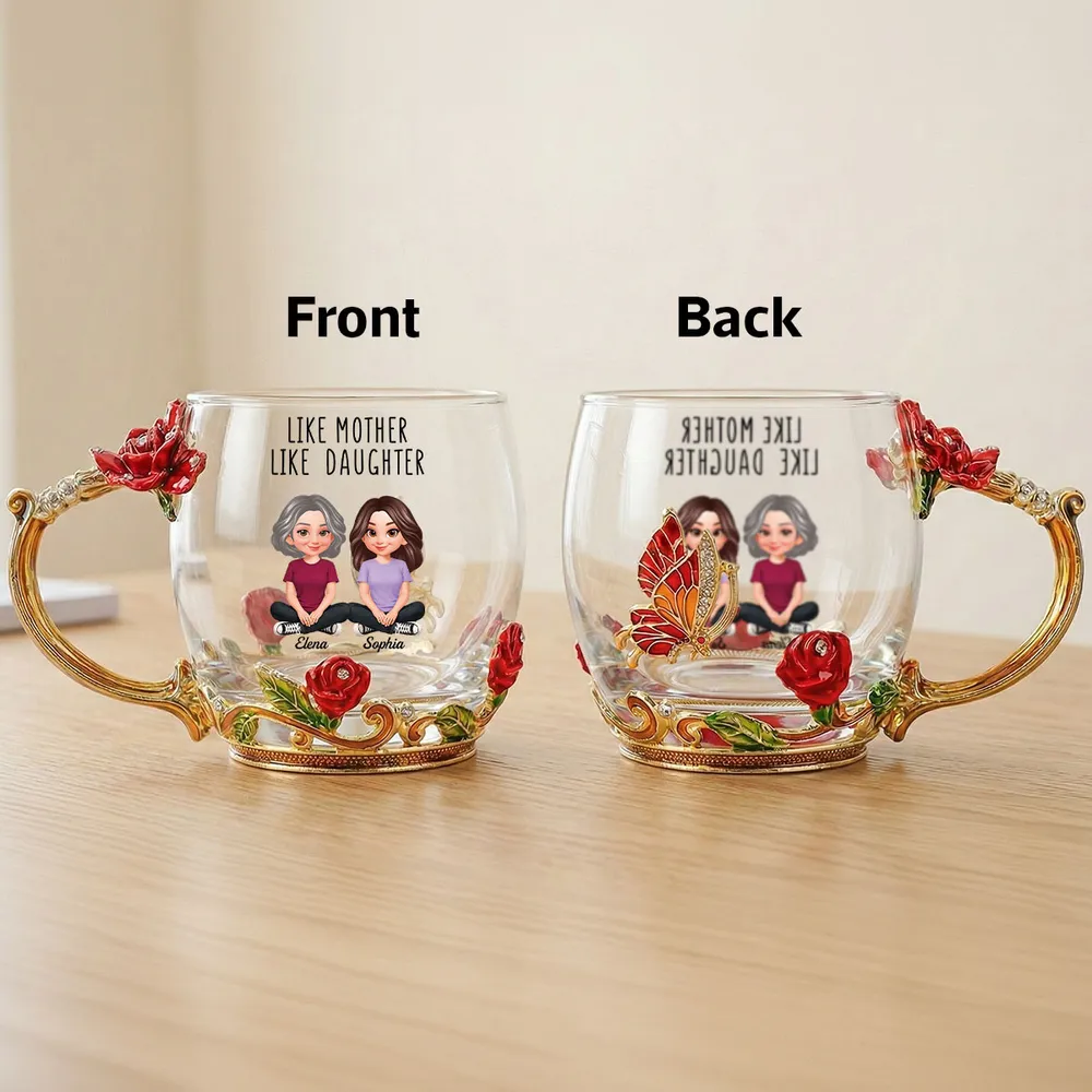 Like Mother Like Daughter Son - Personalized Enamel Flower Tea Cup - Gift For Mom