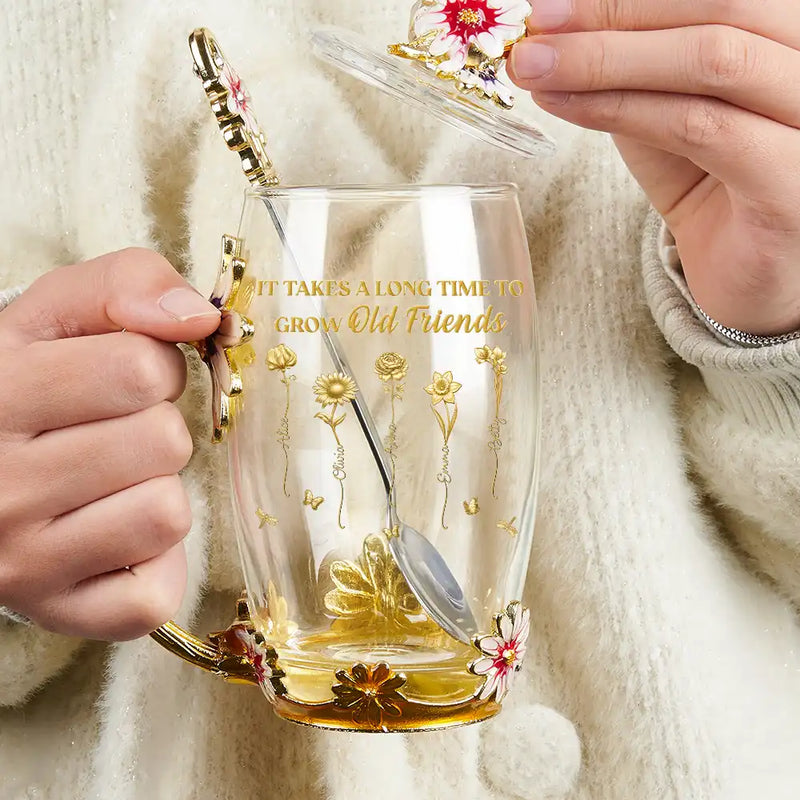 It Takes A Long Time To Grow Old Friends - Personalized Glass Flower Tea Cup