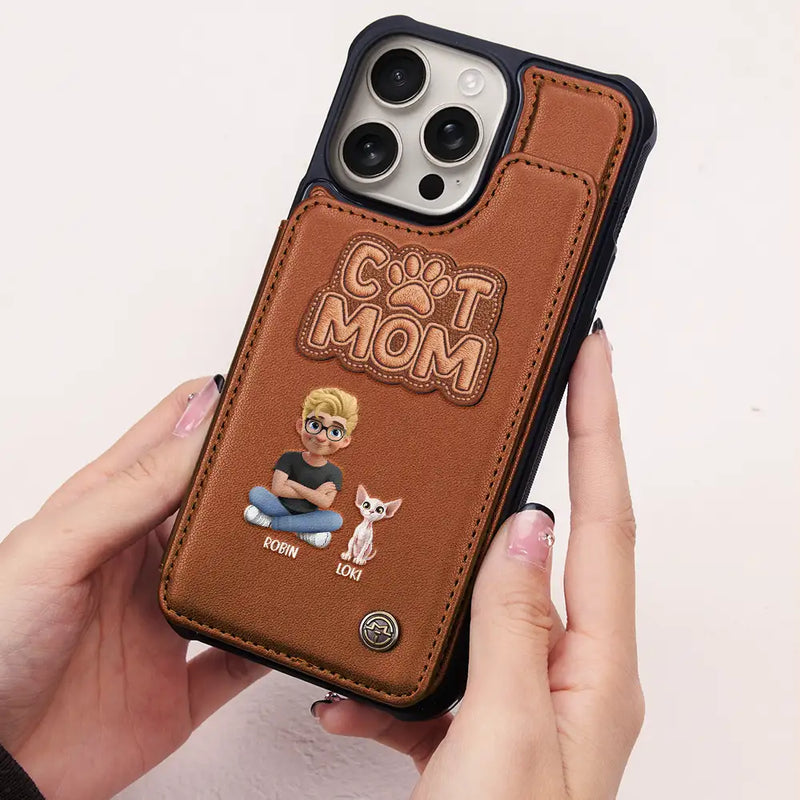 Faux Embroidery Effect Pet Mom Pet Dad - Personalized Leather Flip Wallet Phone Case