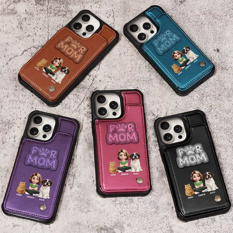 Faux Embroidery Effect Pet Mom Pet Dad - Personalized Leather Flip Wallet Phone Case