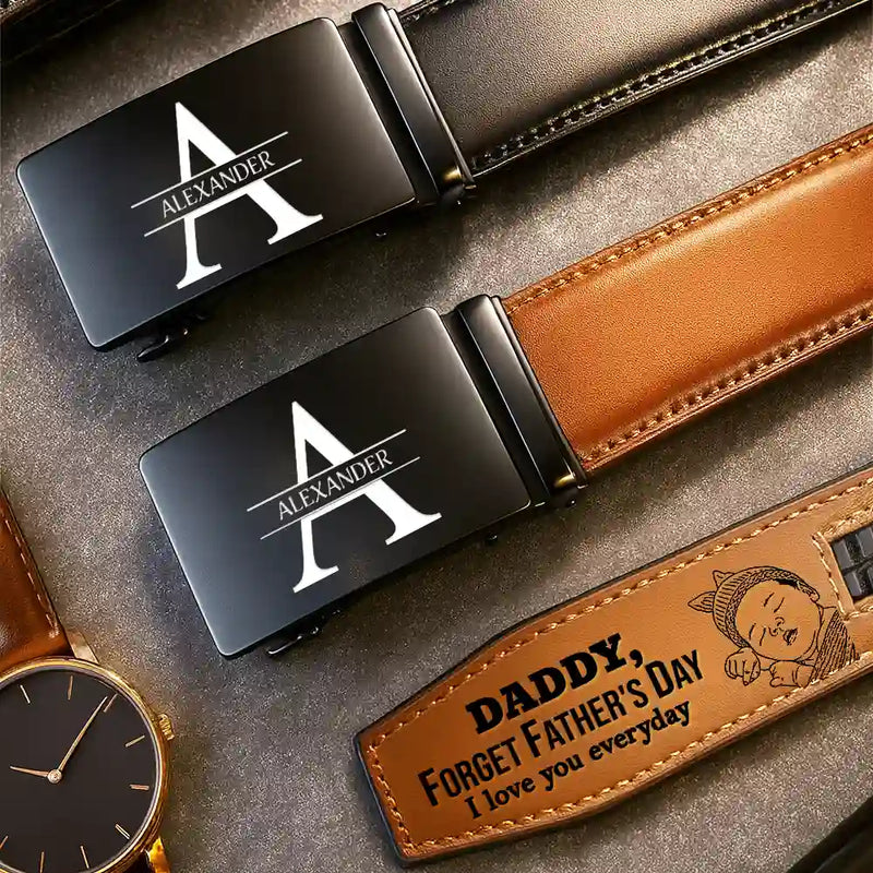 Custom Photo Outline Sketch Forget Father's Day We Love You Everyday - Personalized Leather Belt With Engraved Buckle