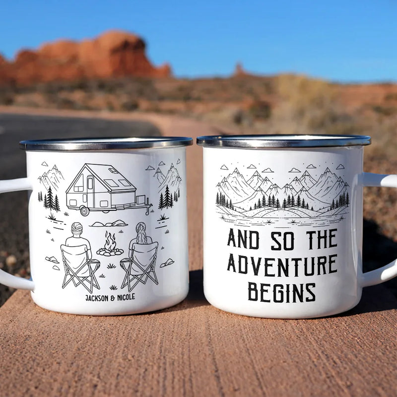 And So The Adventure Begins - Personalized Enamel Mug