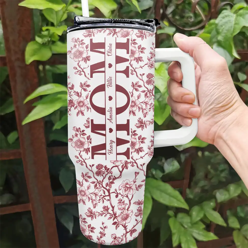 Mom We Love You Toile De Jouy Pattern - Personalized 40oz Tumbler With Straw