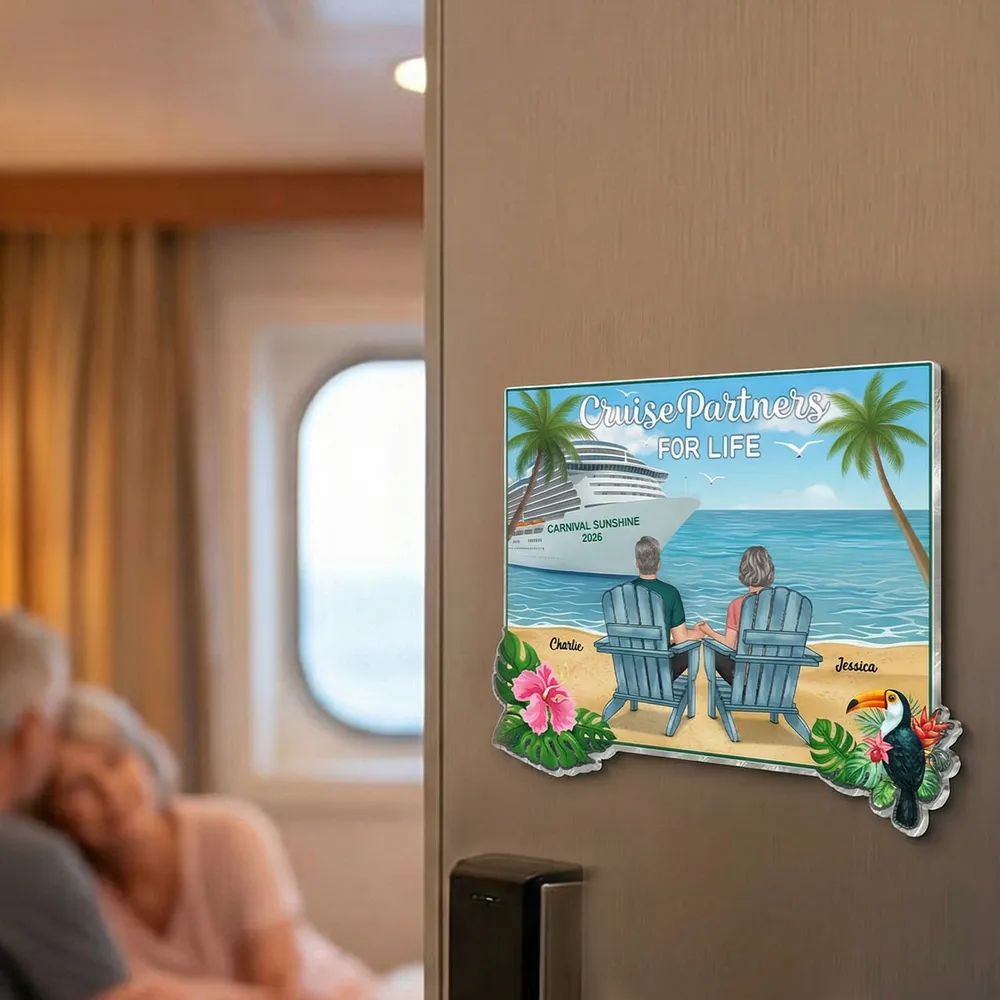 We're In Cruise Mode Back View Couple Sitting On The Beach - Personalized Cruise Ship Door Magnet