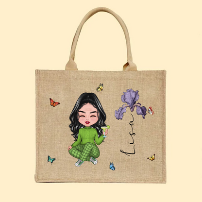 Personalized Cute Cartoon Character Large Capacity Jute Tote Bag with Birth Flower and Name Mother's Day Birthday Gift for Women Girls