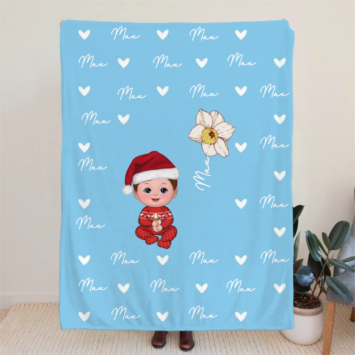 Personalised Cute Cartoon Character Heart Birth Flower Soft Throw Blanket with Name Birthday Christmas Gift