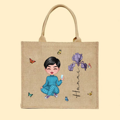 Personalized Cute Cartoon Character Large Capacity Jute Tote Bag with Birth Flower and Name Mother's Day Birthday Gift for Women Girls