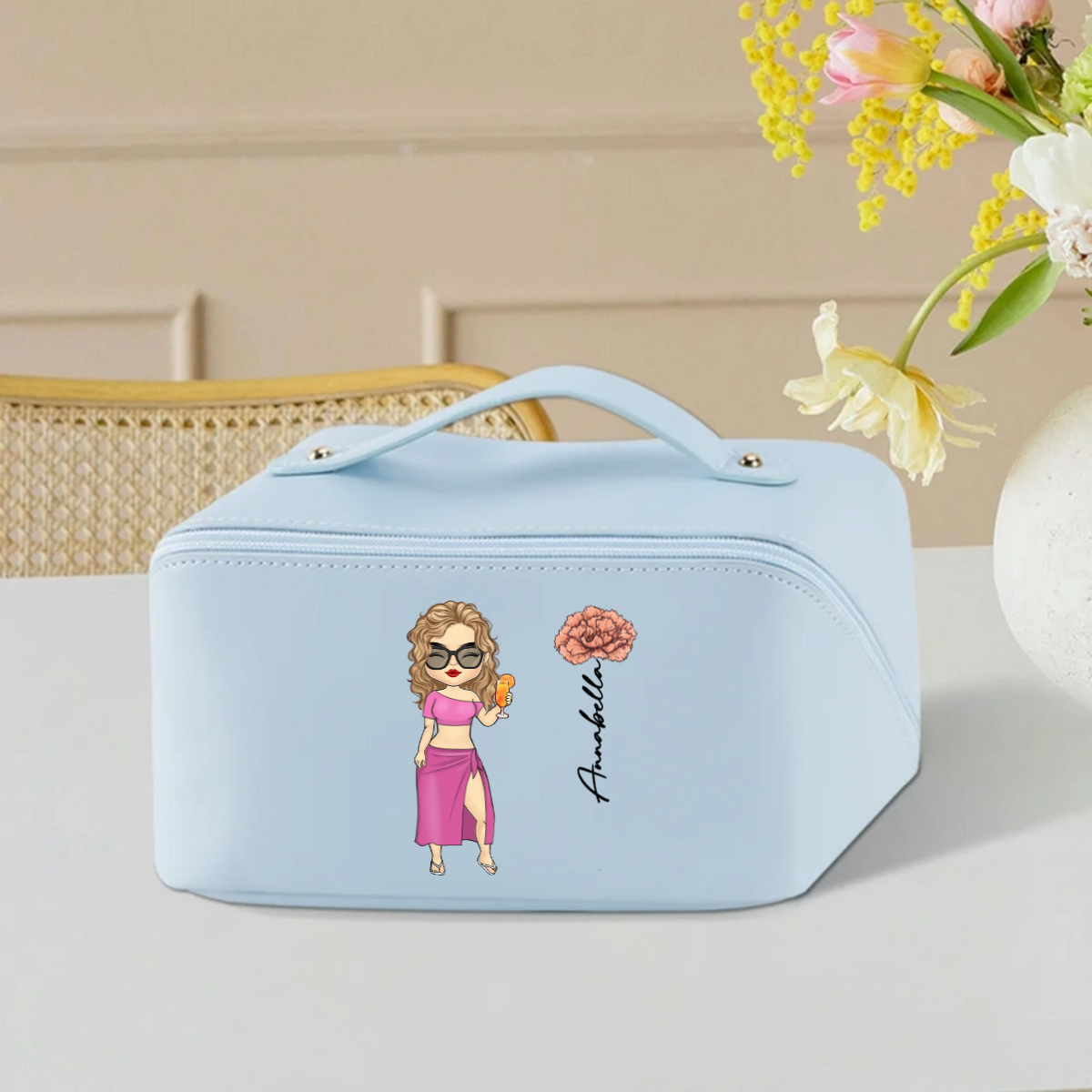 Personalised Cartoon Character Birth Flower Wide Open Leather Makeup Bag with Name Portable Travel Accessories Birthday Gift for Women Girls