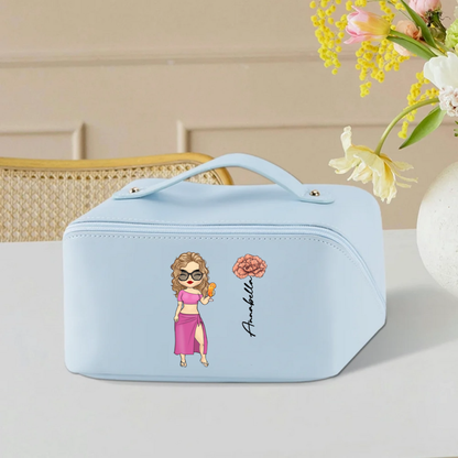 Personalised Cartoon Character Birth Flower Wide Open Leather Makeup Bag with Name Portable Travel Accessories Birthday Gift for Women Girls