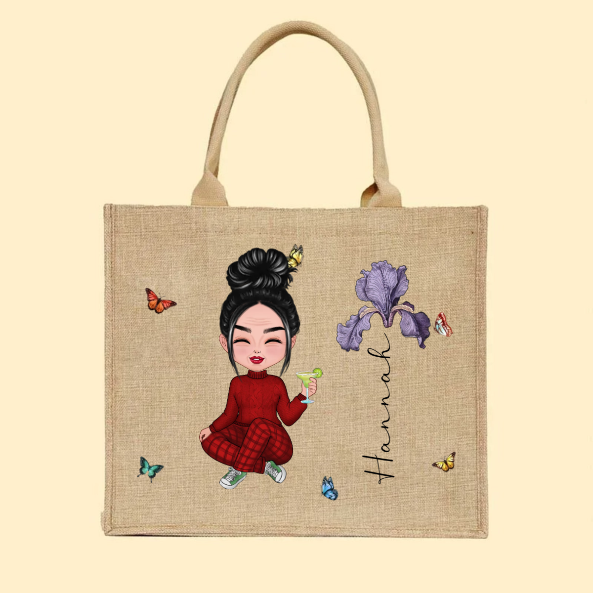 Personalized Cute Cartoon Character Large Capacity Jute Tote Bag with Birth Flower and Name Mother's Day Birthday Gift for Women Girls