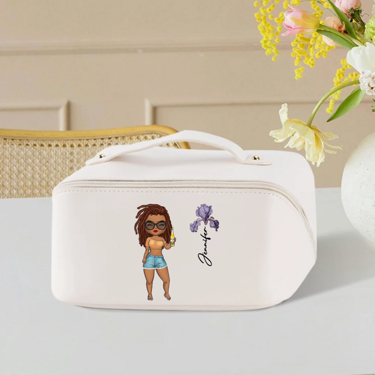 Personalised Cartoon Character Birth Flower Wide Open Leather Makeup Bag with Name Portable Travel Accessories Birthday Gift for Women Girls