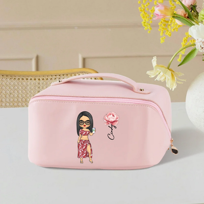 Personalised Cartoon Character Birth Flower Wide Open Leather Makeup Bag with Name Portable Travel Accessories Birthday Gift for Women Girls