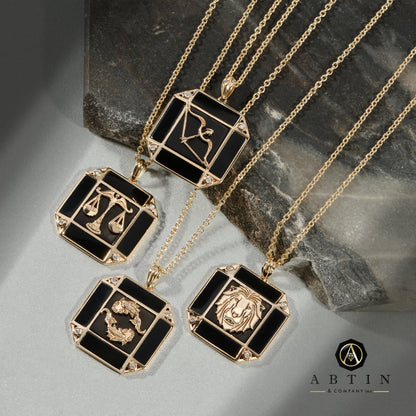 14K Gold & Diamond Leo Horoscope Square Pendant Necklace