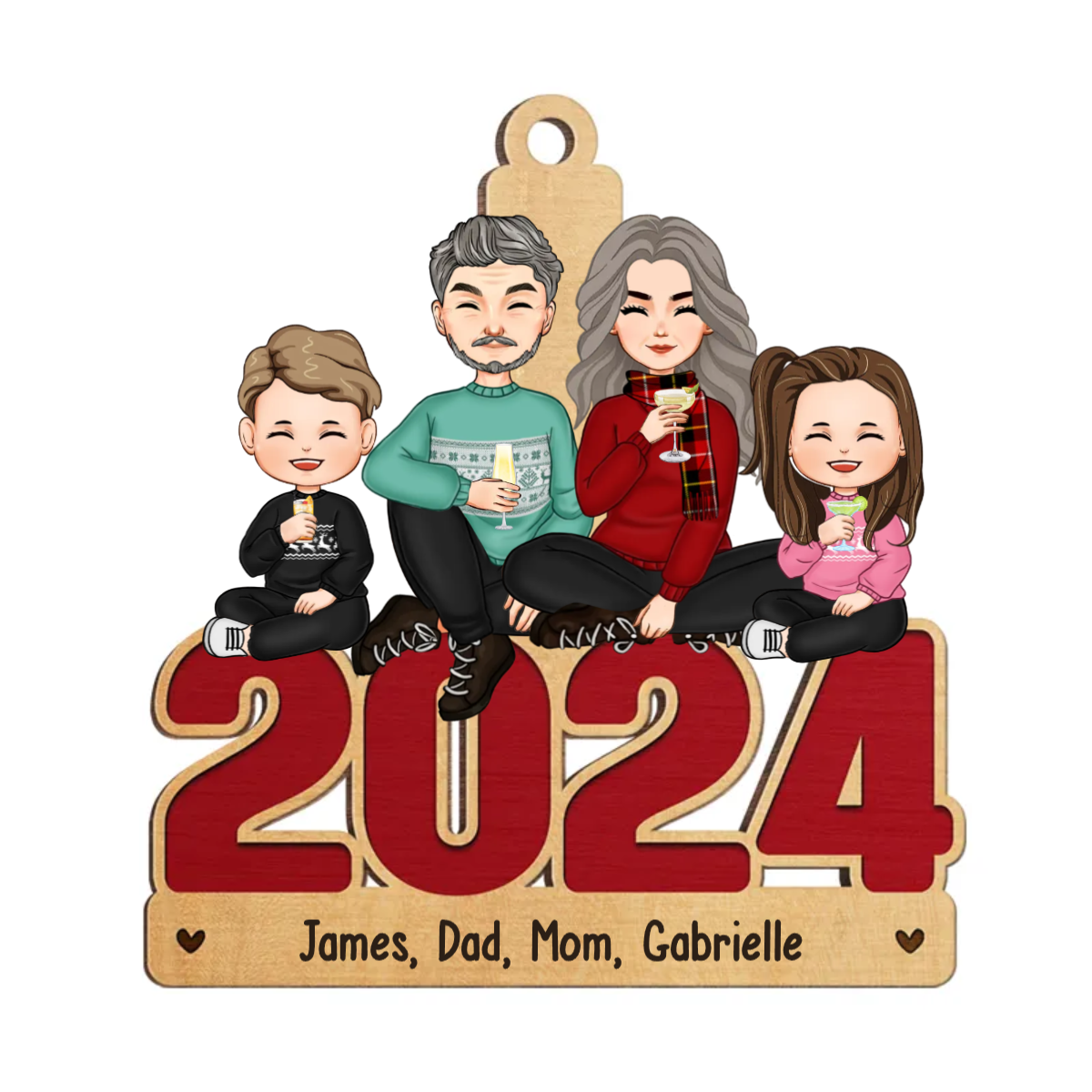 Family Sitting Together - Family Personalized Custom Ornament - Wood Unique Shaped