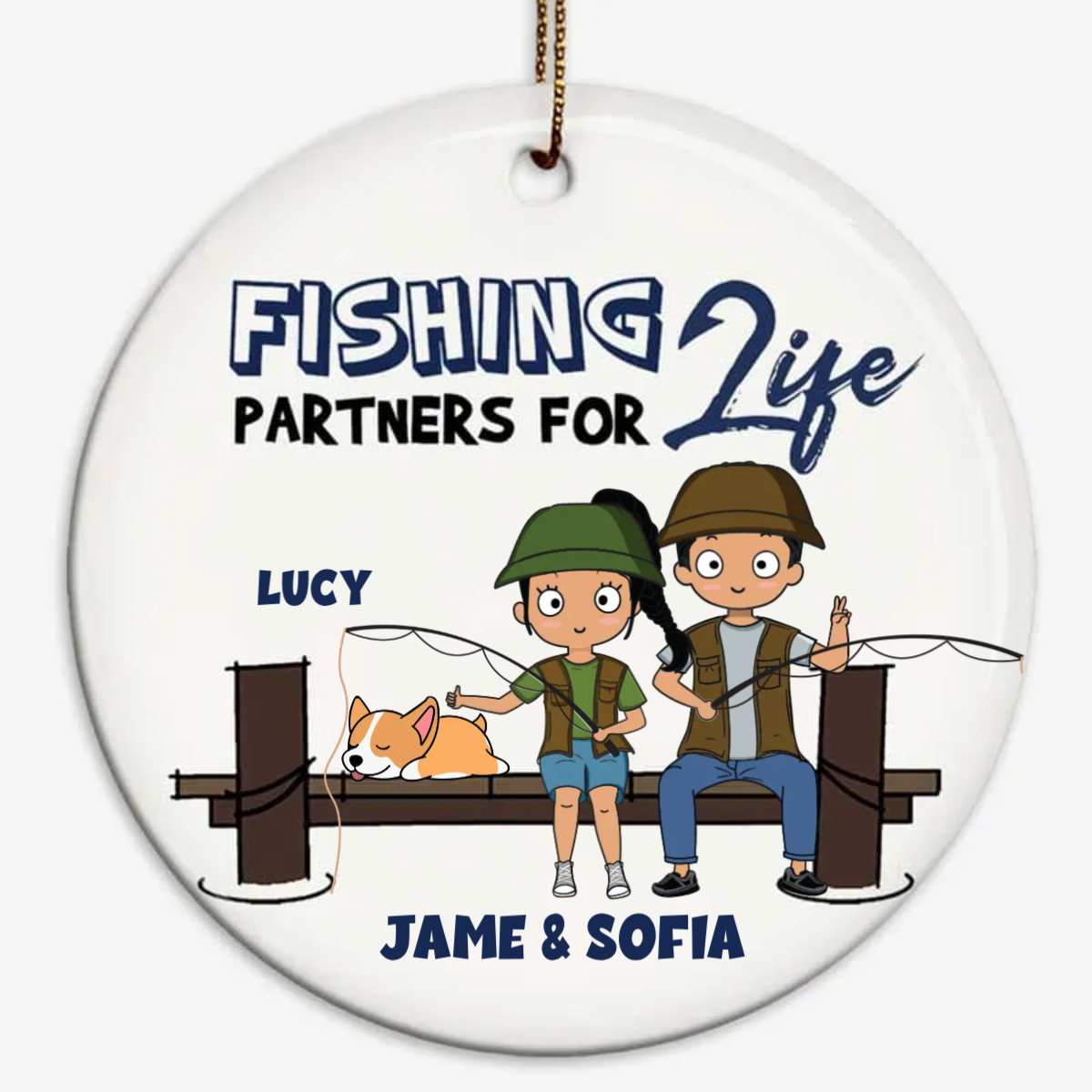 Fishing Partners Chibi Couple and Dog Personalized Circle Ornament