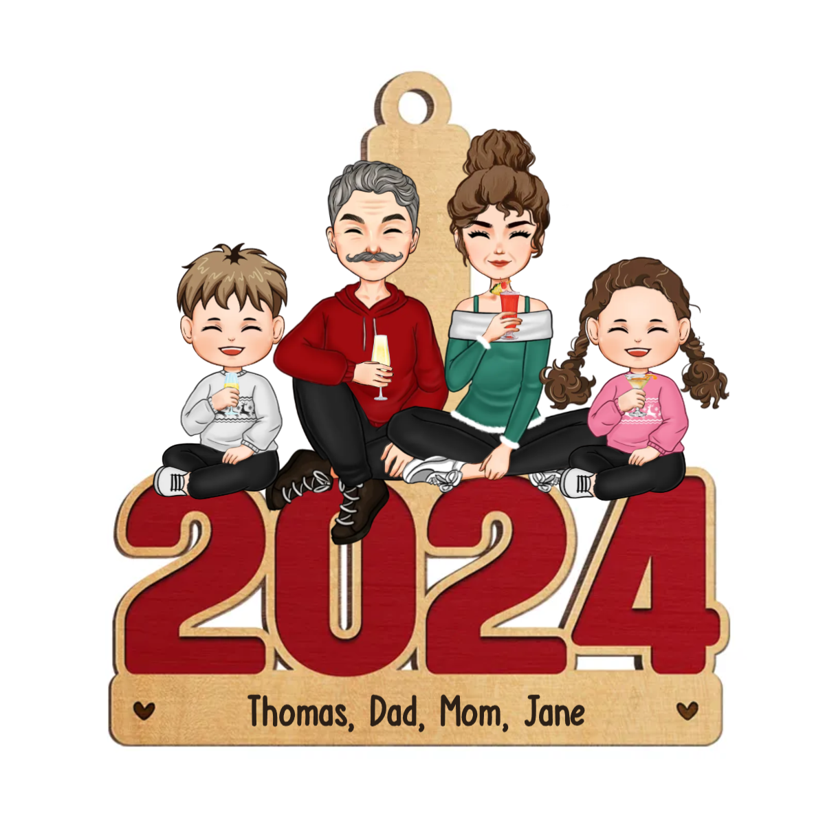 Family Sitting Together - Family Personalized Custom Ornament - Wood Unique Shaped