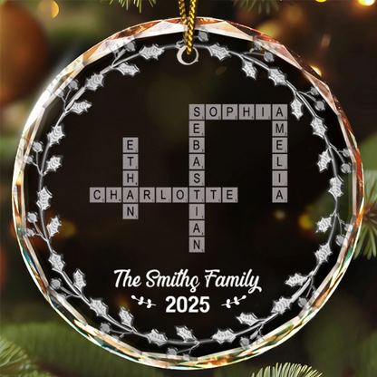 Crossword Scrabble Family Name - 3D Silver Effect Printed, Personalized Circle Acrylic Ornament