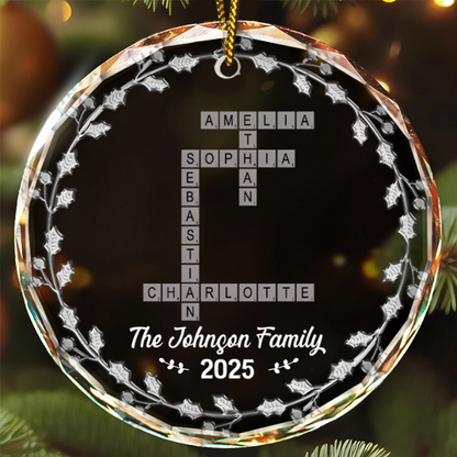 Crossword Scrabble Family Name - 3D Silver Effect Printed, Personalized Circle Acrylic Ornament