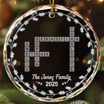 Crossword Scrabble Family Name - 3D Silver Effect Printed, Personalized Circle Acrylic Ornament